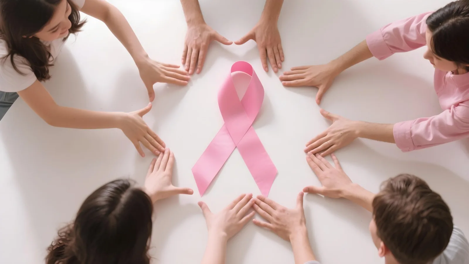 Group of friends forming a pink cancer-support ribbon with their hands