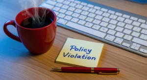 Workplace policy notice beside a keyboard and cup of coffee