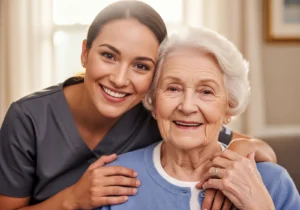 Caregiver warmly embracing a smiling senior woman