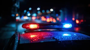 Police vehicle lights glowing at night