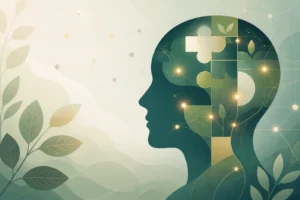Illustration of a human profile with the brain highlighted alongside a cannabis leaf