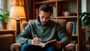 Man journaling in a chair for mental health and self-reflection