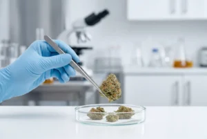 Medical professional examining a cannabis flower with tweezers